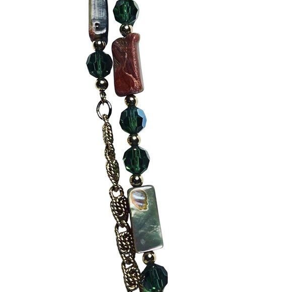 Heavy Gold Tone Snail Chain Necklace W/Abalone And AB Rhinestone Beads (5885) - Picture 2 of 8